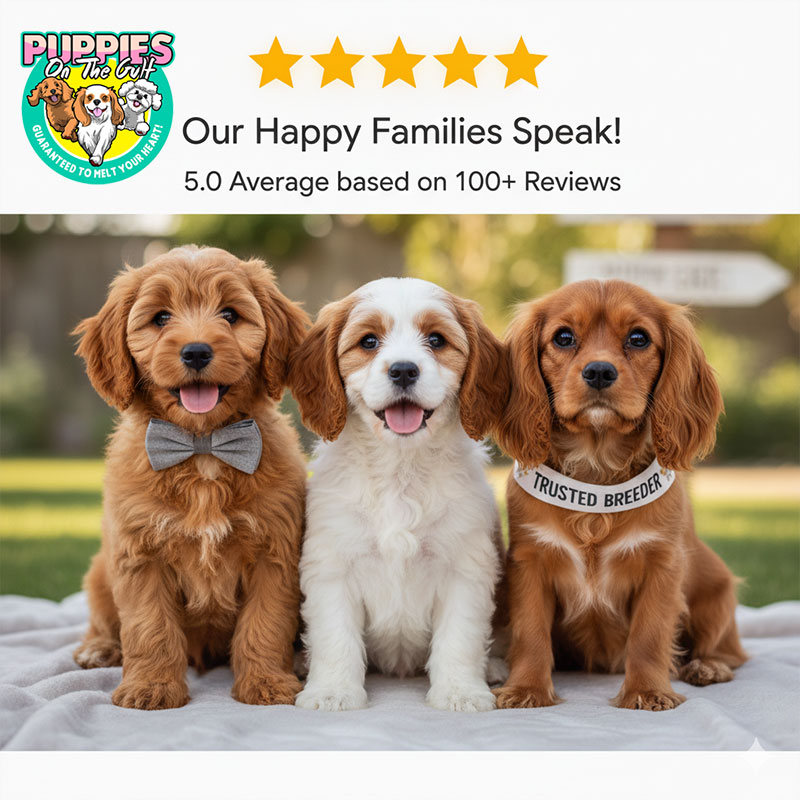 Adorable Cavapoo, Cavapoochon, and Cavalier puppies featured next to a glowing 5-star rating icon, representing excellent customer reviews and trust.