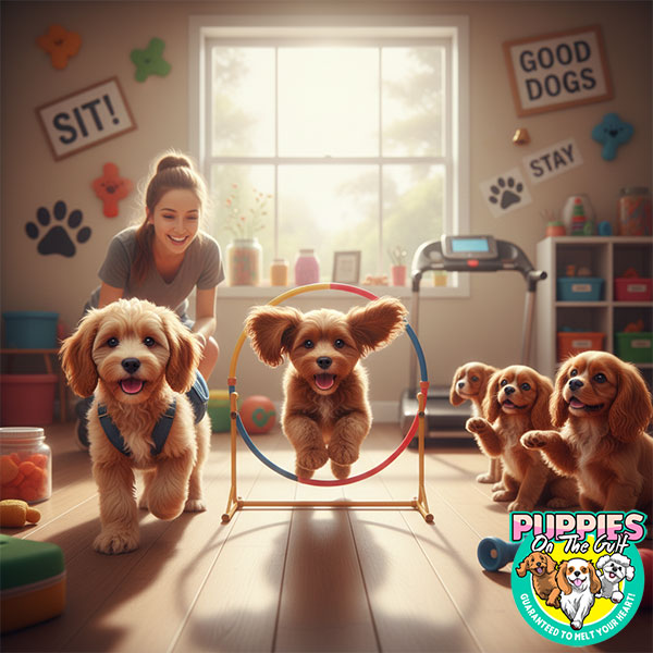Expert Puppy Training Programs for all Breeds Adorable Cavapoo, Cavapoochon, and Cavalier puppies sitting patiently in a perfect row, symbolizing the success and professionalism of our expert puppy training programs.