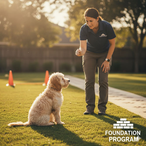 A well-behaved Cavalier puppy sitting calmly on a lead, demonstrating focus and core obedience skills learned in the Foundation Training Program.