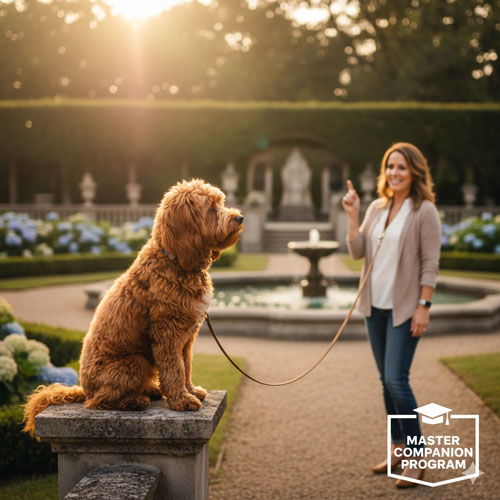 A highly trained Cavapoochon performing advanced, reliable obedience off-leash in an outdoor setting, representing the Master Companion Program results.