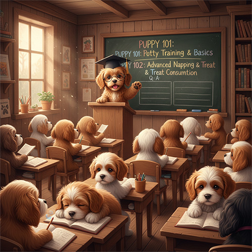 A cute Cavapoo puppy wearing a graduation cap teaching "Puppy 101" to a classroom of diverse puppies (Cavapoos, Cavapoochons, Cavaliers), symbolizing expert puppy care and training guides.