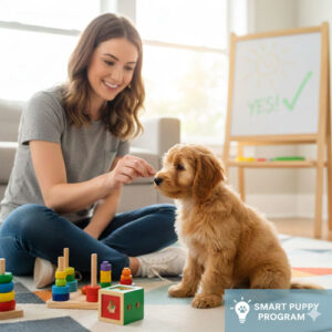 A young, attentive Cavapoo puppy looking up during a positive reinforcement session, representing the Smart Puppy Training Program.